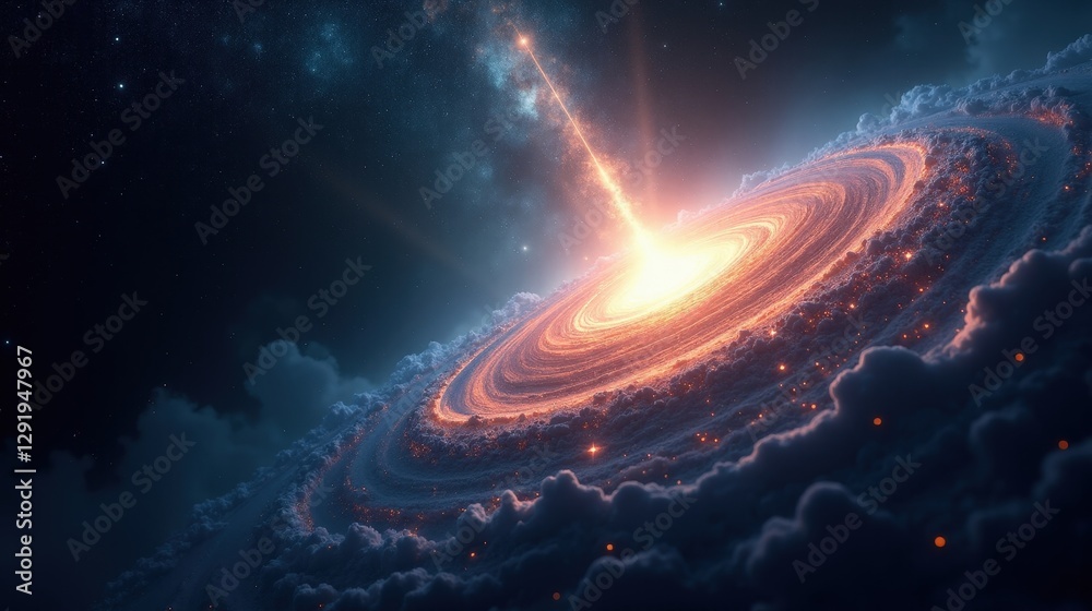 custom made wallpaper toronto digitalA distant quasar emitting blinding beams of energy, its swirling accretion in Magical Realism disk glowing with pure cosmic power, gravitational distortions bending light around it.