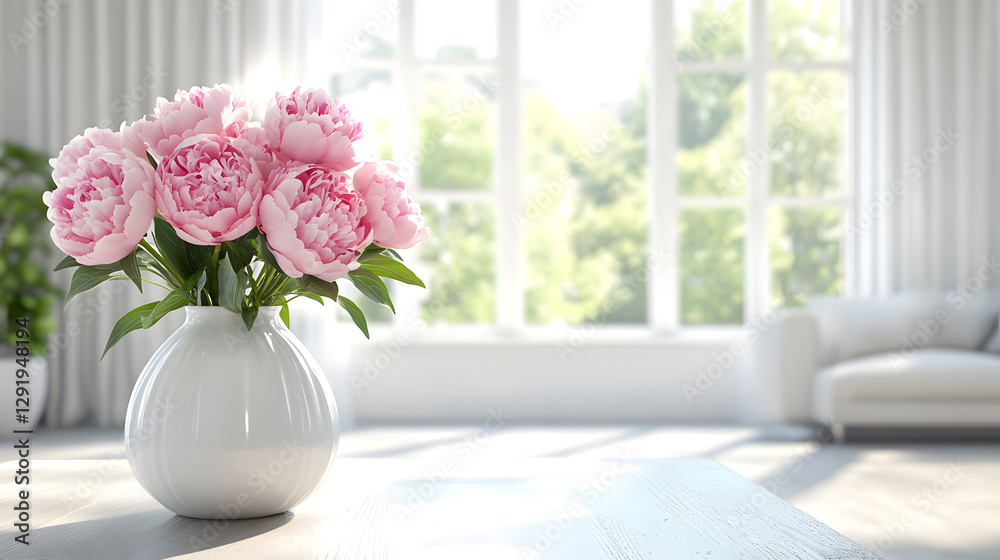 Photograph of a vase with pink peonies on the table in front of a large window, with a white and grey color scheme
Photograph of a vase with pink peonies on the table in front of a large window, with a white and grey color scheme