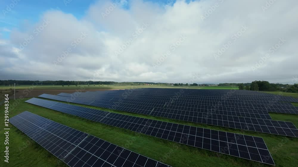 Aerial view of large solar farm with rows of panels harnessing sunlight for renewable energy, set in rural landscape with partly cloudy sky Expansive Solar Farm Captured Drone Under Partly Cloudy Sky Aerial view of large solar farm with rows of panels harnessing sunlight for renewable energy, set in rural landscape with partly cloudy sky Expansive Solar Farm Captured Drone Under Partly Cloudy Sky
