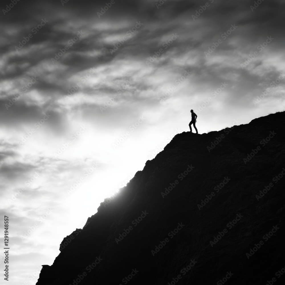 silhouette of person on ridge against cloudy sky silhouette of person on ridge against cloudy sky