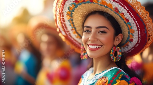 Smiling young Latina woman in vibrant sombrero and dress at a festive event.