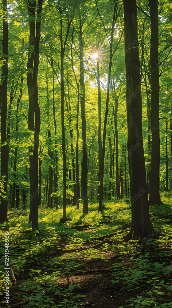 Fototapeta premium Sunlit Tranquility: A Serene Walk Through a Lush Green Forest