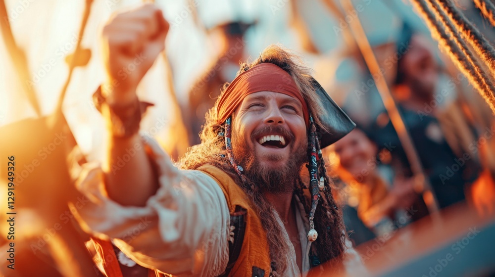 Fototapeta premium A joyful pirate with long hair and a bandana celebrates victoriously on a ship at sunset.