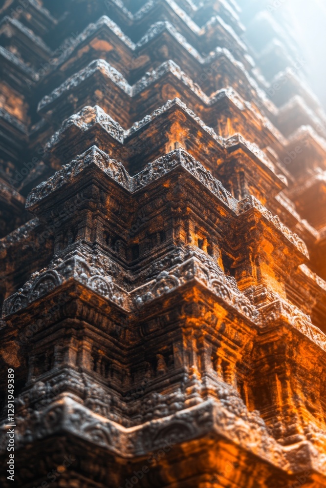 Obraz premium Intricate stone carvings on an ancient temple. Warm, golden light highlights the details.