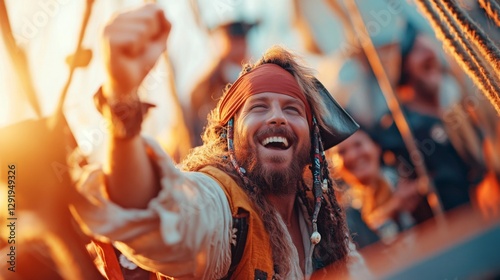 A joyful pirate with long hair and a bandana celebrates victoriously on a ship at sunset. photo