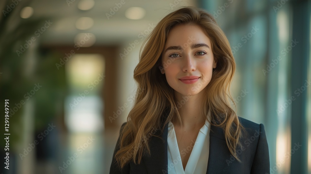 Fototapeta premium A stylish woman in a blazer poses confidently in a modern office environment with soft lighting