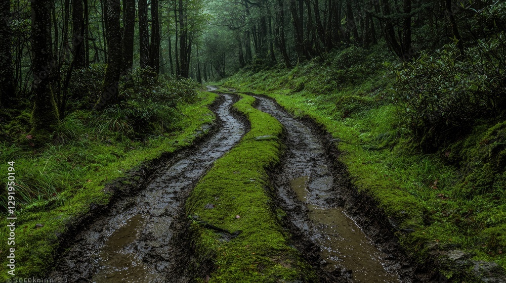 Fototapeta premium Muddy forest road winding through lush greenery