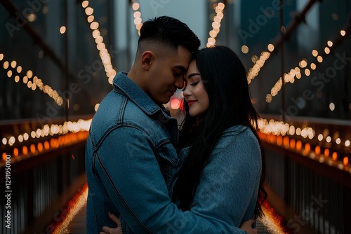 A romantic moment captured as a beautiful Asian couple shares a kiss and a warm embrace on a bridge during the evening photo