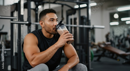 Young muscular athlete drinking protein shake after intensive training session in modern gym