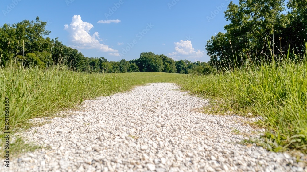 Obraz premium Gravel path through summer meadow, trees background, nature walk (1)