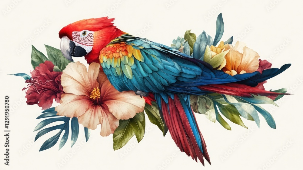 Fototapeta premium Colorful macaw amongst tropical flowers