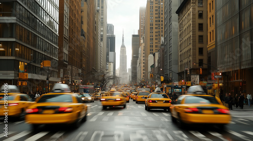 city traffic yellow cabs and taxis high rise buildings