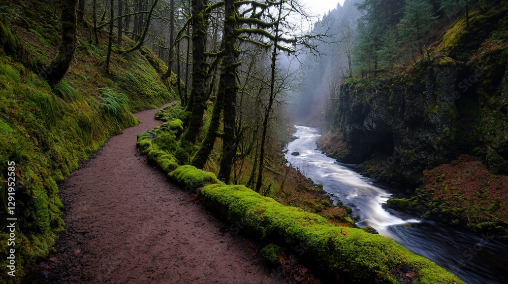Mossy trail winding along a misty river in a lush forest. Mossy trail winding along a misty river in a lush forest.