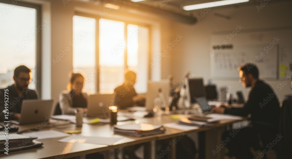 Blurred vision depicts bustling open-plan office with focused individuals Blurred vision depicts bustling open-plan office with focused individuals