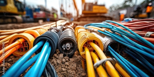 Electric cables in various colors and tubes being installed underground at a construction site, representing broadband and power lines.