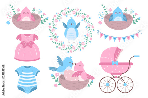 A set of graphic elements for a nesting party celebration.