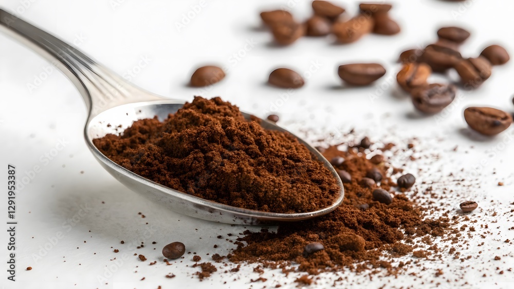 Ground coffee in spoon with scattered coffee beans on white background. Created with Ai Ground coffee in spoon with scattered coffee beans on white background. Created with Ai