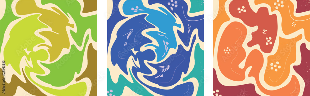 Three squares of different colors with a swirl pattern. The colors are green, blue, and orange