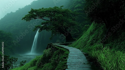 Serene waterfall path, lush green foliage, misty mountain.