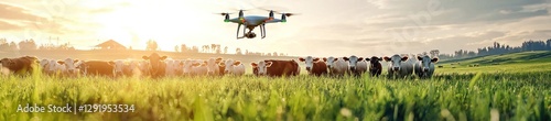 A drone captures movement data of a herd of cattle in a grassy field. The bright sky and open space emphasize the efficiency of aerial monitoring.
