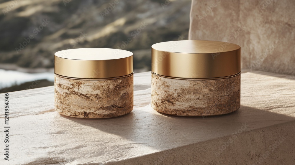 Elegant gold and stone cosmetic jars on display Elegant gold and stone cosmetic jars on display