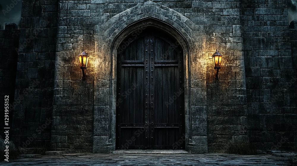 Medieval castle gate with torches and stone textures. Medieval castle gate with torches and stone textures.