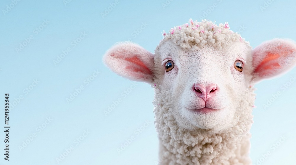 Fototapeta premium Fluffy white lamb looks curiously at the camera against a clean light blue background.