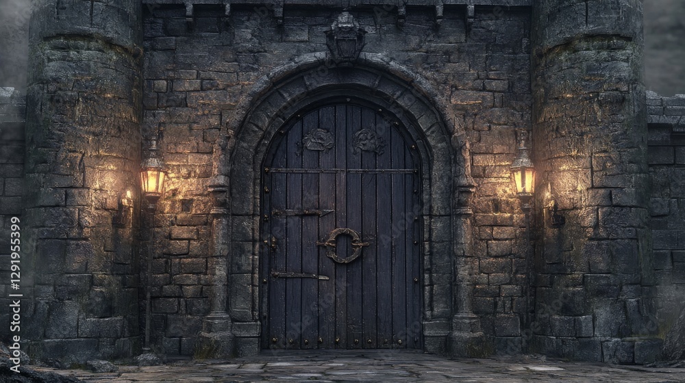 Medieval castle gate with torches and stone textures. Medieval castle gate with torches and stone textures.