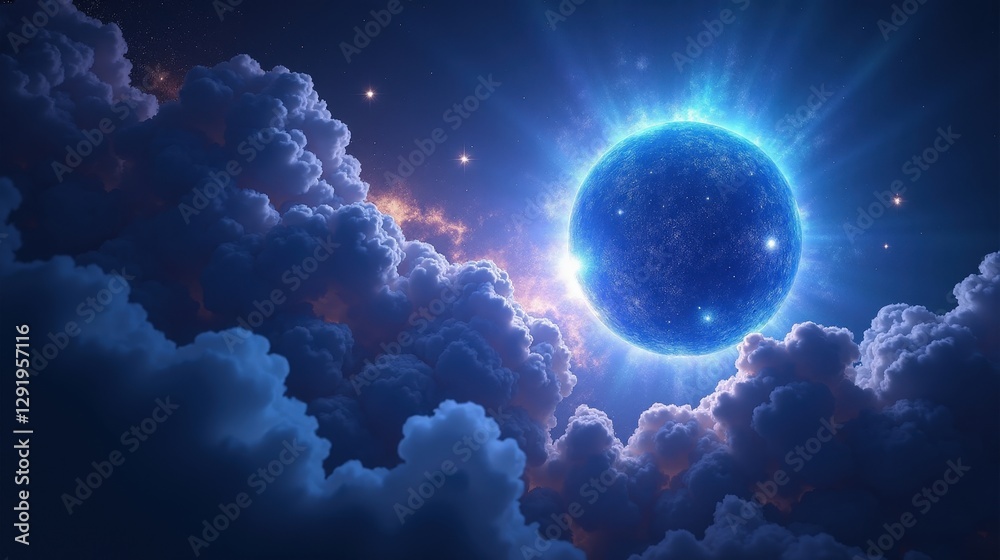 Fototapeta premium A cluster of massive blue hypergiant stars, their radiant energy casting deep Magical Realism indigo and violet hues, cosmic winds sculpting abstract patterns in surrounding dust clouds.