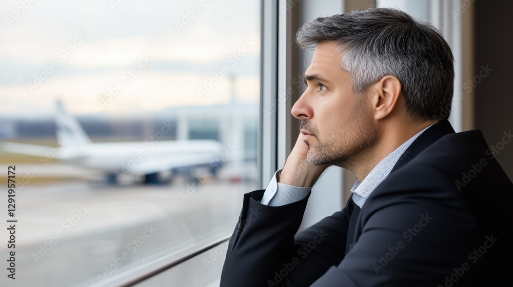 Contemplation at the Airport: A thoughtful senior businessman, gazing out of the window at an airport, lost in contemplation, observing an airplane taking off. Contemplation at the Airport: A thoughtful senior businessman, gazing out of the window at an airport, lost in contemplation, observing an airplane taking off.
