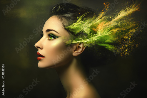  Stunning fashion portrait of a young woman with bold green makeup, showcasing a creative and artistic beauty look photo