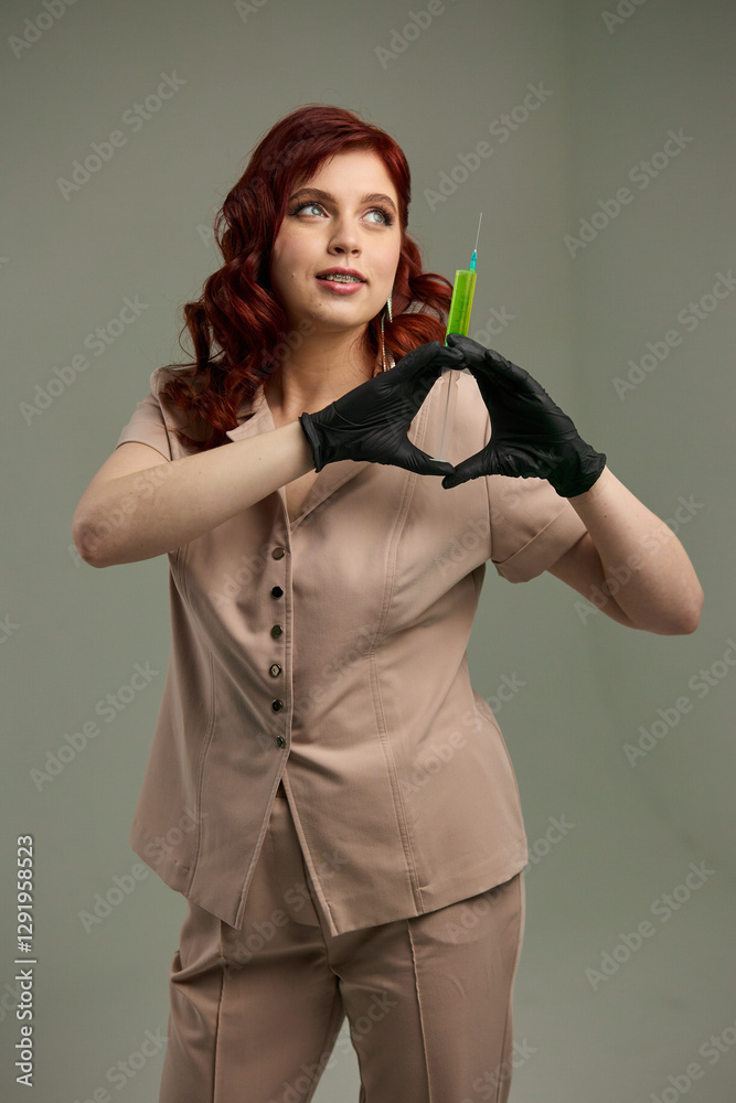 Confident female healthcare worker holding syringe, green liquid, medical professional, protective gloves, healthcare theme