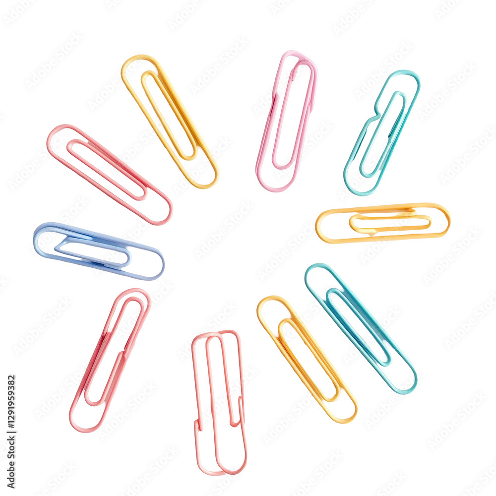 Colorful paper clips arranged in a circular pattern on a Transparent background showcasing office supplies, Paper Clips, PNG background Colorful paper clips arranged in a circular pattern on a Transparent background showcasing office supplies, Paper Clips, PNG background