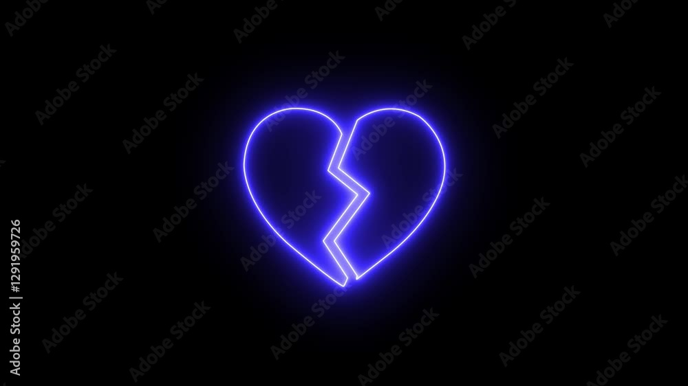 Animation icon of a broken neon blue heart 4k on black background. Broken heart animation. Concept of unrequited love broken heart neon sign Emoji heart beat and broken heart animation on transparent 