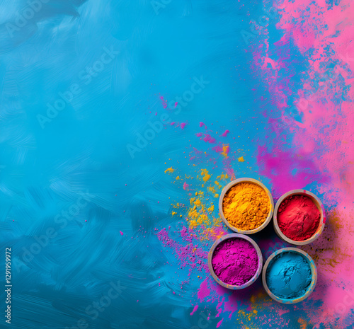 eye-catching, astonishing background with 4 paint  over colourfull, bright & energetic blue wall; concept of indian traditional holi holiday; perfect 4 event celebration invite