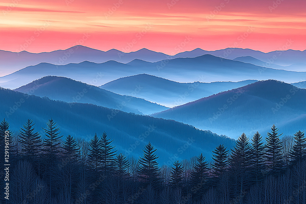 Obraz premium Serene sunset over layered mountain ranges with misty valleys and silhouetted trees