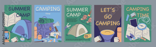 Summer camping typography template posters. Vertical covers with camp tent, travel map, compass, flashlight, other expedition equipment. Modern banners set in minimalism design. Vector illustration.