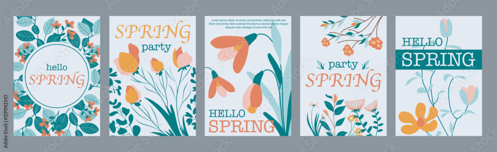 Fototapeta premium Spring flowers typography template posters. Vertical covers with beautiful colourful blossoms, snowdrops and tulips, wildflowers bouquet. Modern banners set in minimalism design. Vector illustration.