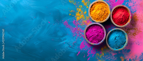 eye-catching, astonishing panoramic backgound with energetic blue wall and set of paint; concept of indian traditional holi holiday; perfect 4 event celebration invite
