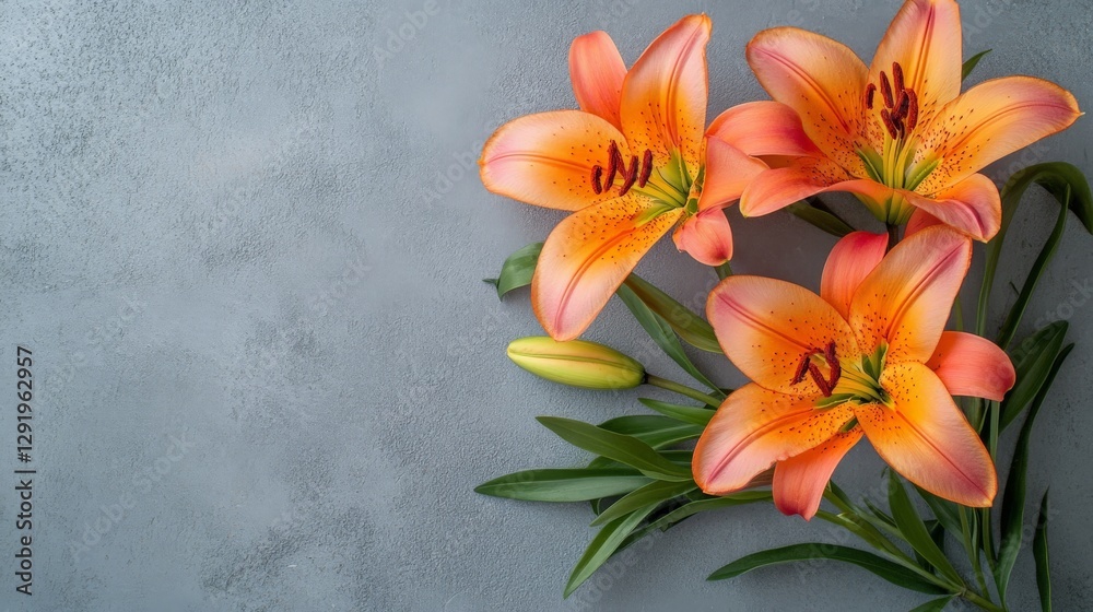 Fototapeta premium Vibrant orange lilies on gray background with green leaves and buds