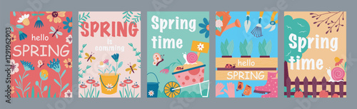 Hello spring time typography template posters. Vertical covers with springtime flowers, wheelbarrow, buckets, season gardening tools. Modern banners set in minimalism design. Vector illustration.
