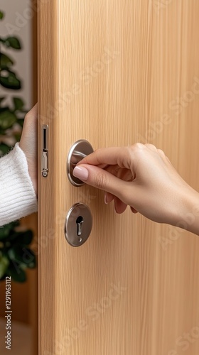 Hand reaches for the closet door, exposing a lone light brown jacket against a clean white backdrop in a tranquil environment