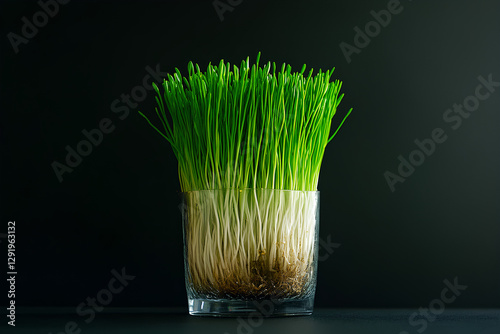  Fresh sprouted wheat grass in a clear glass vase, standing out against a dark background, highlighting its vibrant green color photo