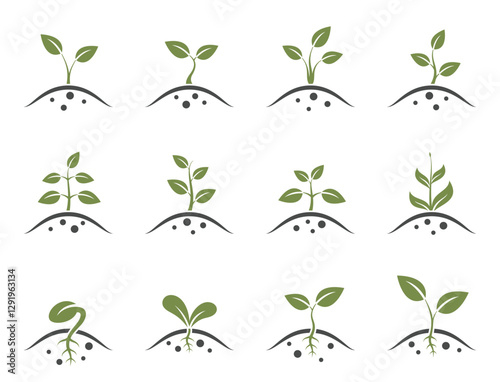 Growing sprout icon set. Spring, planting and seedling symbols. Isolated vector illustrations