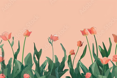 Seamless background with tulips and green leaves, Vector illustration, Ai Generated