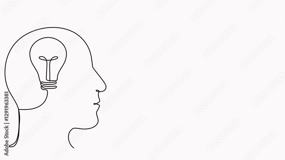 Human head with lightbulb and target with arrow continuous line drawing animation. Creative idea process and achieve goal concept animated video.