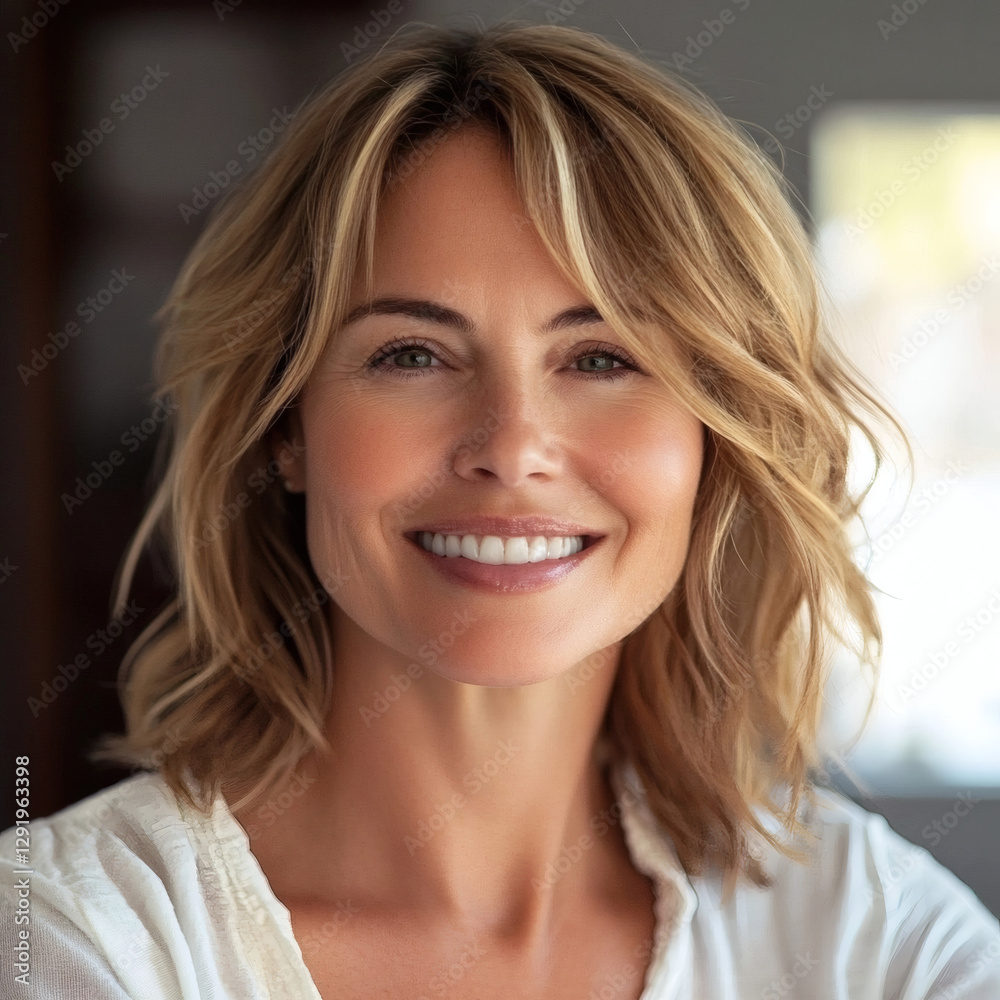 Fototapeta premium Radiant woman with blonde hair smiling naturally in warm sunlight portrait