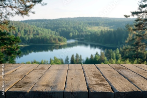 The empty wooden table top with blur background of summer lakes green forest. High quality photo