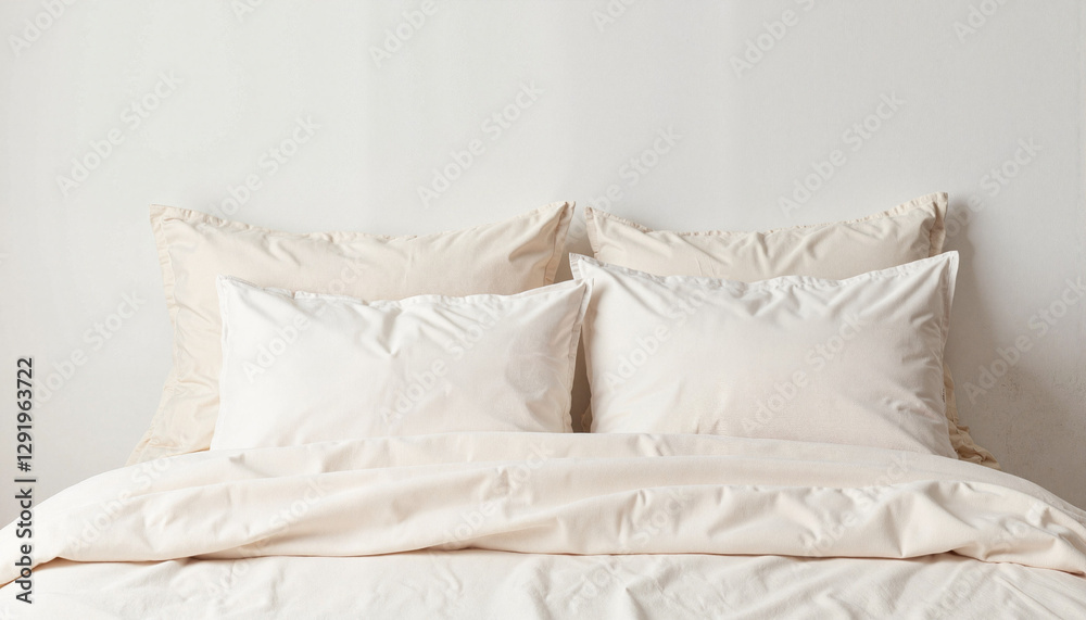 Minimalist bedroom with soft white bedding and neutral tones. Zero waste fashion, Eco-friendly clothing , Organic cotton Minimalist bedroom with soft white bedding and neutral tones. Zero waste fashion, Eco-friendly clothing , Organic cotton