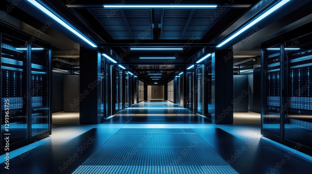 Fototapeta premium Ultra-modern data center corridor with blue LED lighting, sleek server racks, and a futuristic design. Ideal for cybersecurity, cloud computing, and IT infrastructure visuals